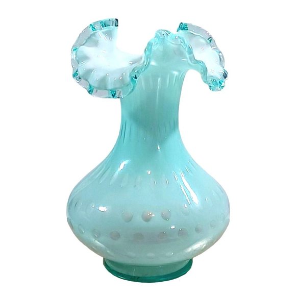 Fenton Other - FENTON AQUA POWDER BLUE BUBBLE OPTIC FLUTED TOP CRESTED OVERLAY VASE RUFFLED